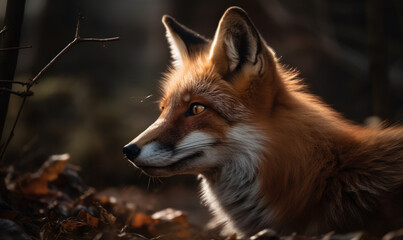 Obraz premium close up photo of fox on blurry green forest background. Generative AI