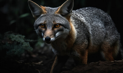Naklejka na ściany i meble close up photo of gray fox on blurry natural forest background. Generative AI
