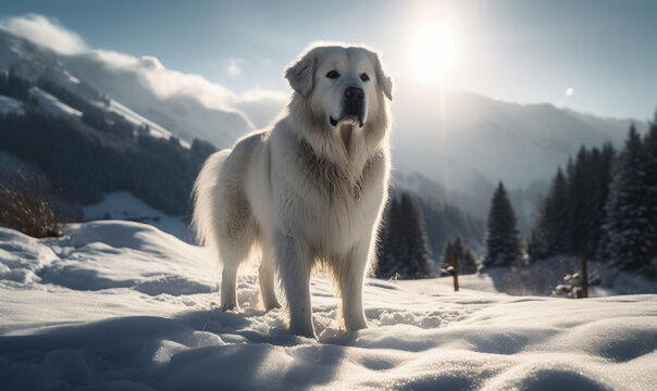 Regal Resilience: Photo of Great Pyrenees, standing majestically amidst a snow-covered landscape, with its thick white fur glistening in the sunlight. Generative AI