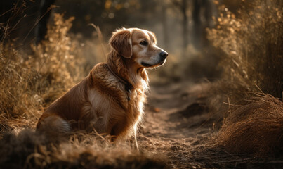 photo of Golden Retriever dog sitting on a forest path. Generative AI