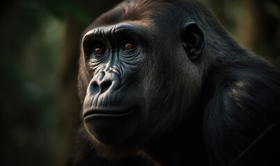 Obraz premium Photo of gorilla, imposing & majestic, standing tall in heart of an African rainforest. gorilla's thick fur, rippling muscles, and intense gaze are illuminated by the soft, warm light. Generative AI