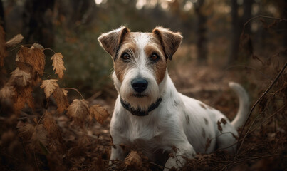 Autumn photo of fox terrier in its natural habitat. Generative AI