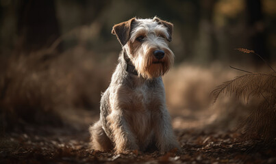 photo of fox terrier sitting on a forest path. Generative AI