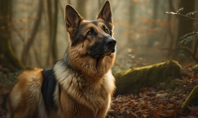 sunset close up photo of German Shepherd on blurry forest background. Generative AI