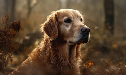 Obraz premium close up photo of Golden Retriever dog on blurry forest background. Generative AI