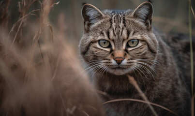 Naklejka na ściany i meble Geoffroy’s cat, small wild feline native to South America, crouched low in tall grass, alert & ready to pounce on its prey. portrait captures essence of Geoffroy's cat in its habitat. Generative AI