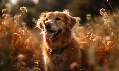 Photo of Golden Retriever dog, bathed in warm sunlight, frolicking in a field of wildflowers. The dog's lustrous coat and joyful expression transport  viewer into the idyllic scene. Generative AI