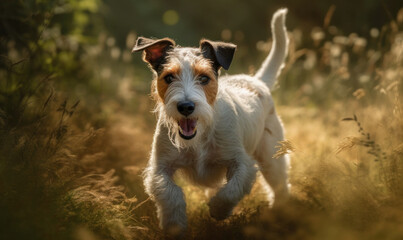 Fox Terrier in Motion: Playful and Energetic in a Sun-Drenched Field. Photo of fox terrier, captured as it energetically bounds through a lush, sun-dappled field. Generative AI