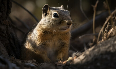 Naklejka na ściany i meble close up photo of ground squirrel on blurry forest background. Generative AI