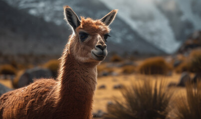 Obraz premium close up photo of guanaco (Lama guanicoe) on blurry background of its natural habitat. Generative AI
