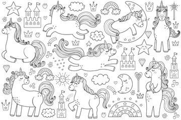 Cute unicorns set in black and white. Magic horses outline collection with rainbows, castles, hearts for coloring book. Fantasy pony isolated elements. Vector illustration