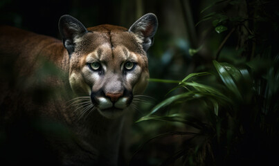 Photo of Florida panther captured stealthily stalking through dense underbrush of a sweltering Floridian forest, sun illuminating every muscle and sinew of the powerful feline's body. Generative AI