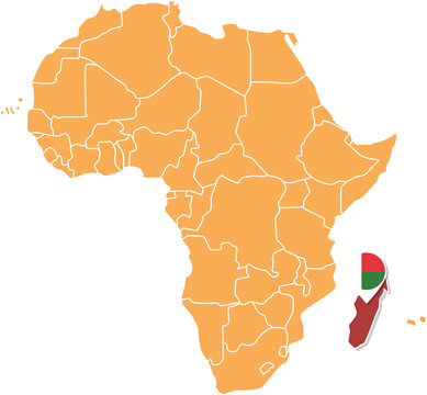 Madagascar map in Africa, Madagascar location and flags.