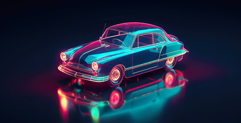 Obraz na płótnie Canvas A retro car model in vibrant colors in isometric view. Postproducted generative AI illustration.