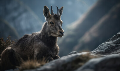 Goral (genus Naemorhedus, captured in a moment of calm contemplation amidst rugged terrain of the Himalayas. Portrait accentuating the goral's majestic horns and intricate fur patterns. Generative AI