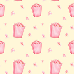 Seamless pattern of a pink popcorn bucket for print with a pastel yellow background. Fun snack for the 2000 party. Digital watercolor
