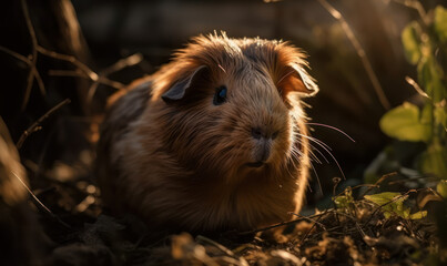 sunset close up photo of guinea pig on blurry forest background. Generative AI