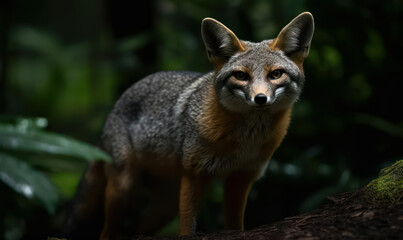 Fototapeta premium Photo of gray fox in the wild, poised and alert amidst a verdant woodland. Portrait highlights the fox's striking features, including its bushy tail and keen eyesight. Generative AI