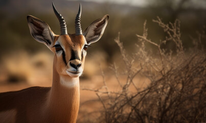 close up photo of gazelle on blurry savannah background. Generative AI