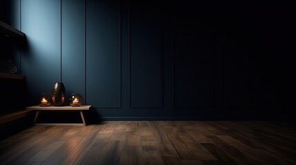 Empty room, dark wall with beautiful chiaroscuro and wooden floor. Minimalist background for product presentation, mockup. Generative AI