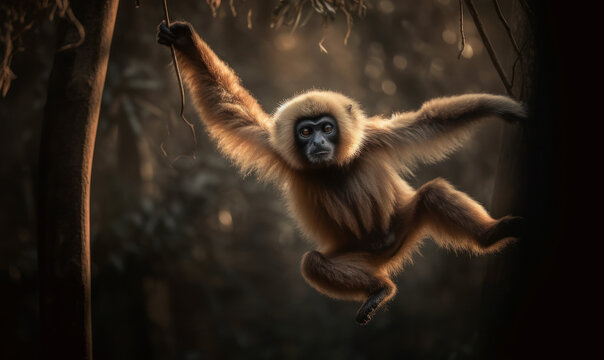 Gibbon suspended mid-air in a forest clearing. Composition showcases gibbon's agile & acrobatic nature, as it swings effortlessly from branch to branch, showcasing its natural habitat. Generative AI