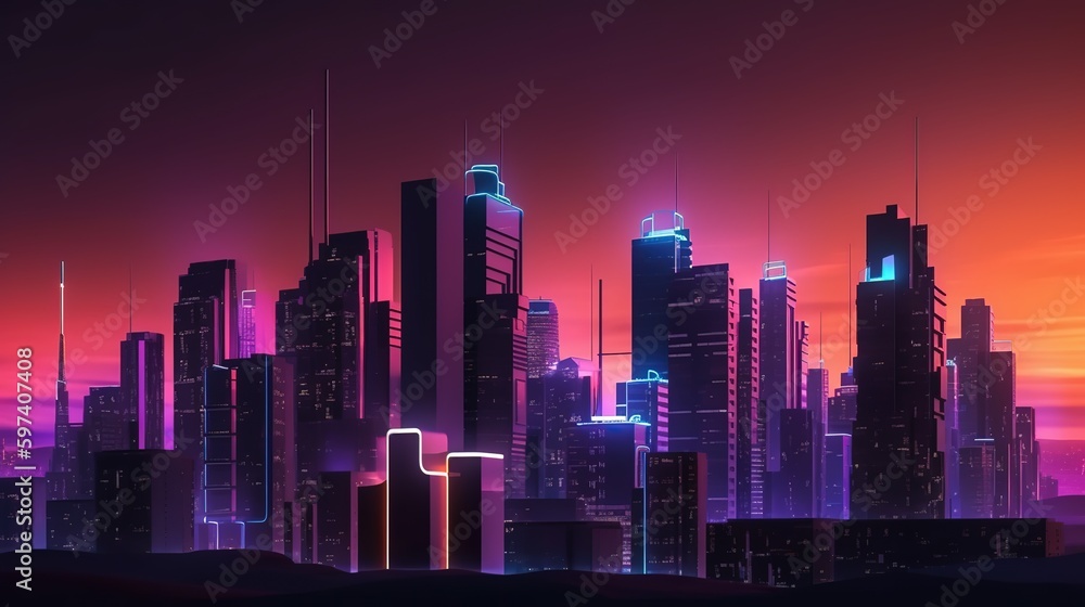 Poster Panoramic view of modern office buildings and tall skyscrapers.Futuristic illustration of future technologies. Generative AI