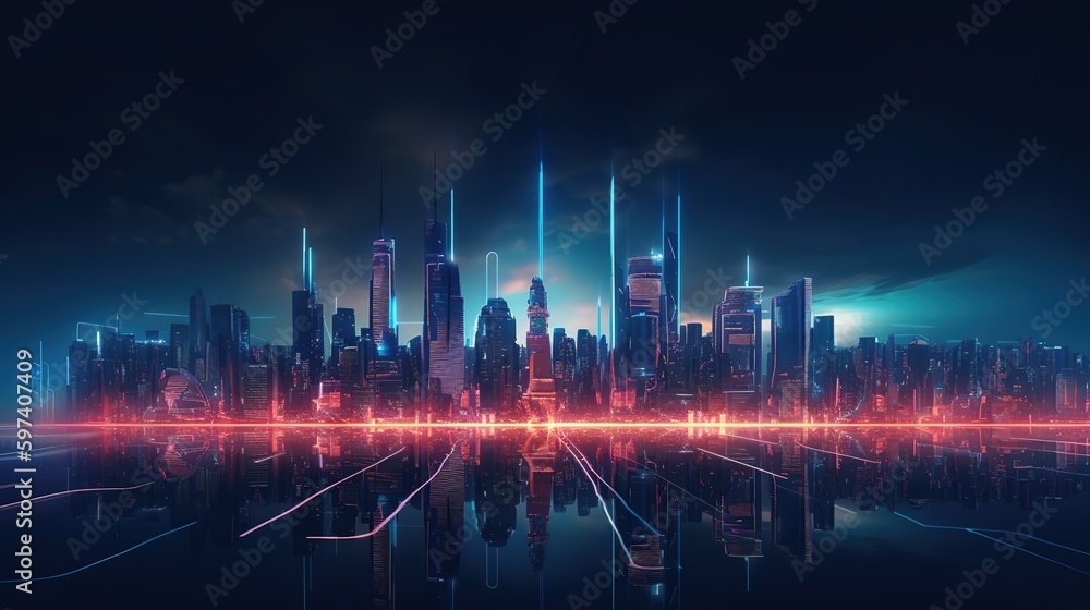 Poster Panoramic view of modern office buildings and tall skyscrapers.Futuristic illustration of future technologies. Generative AI