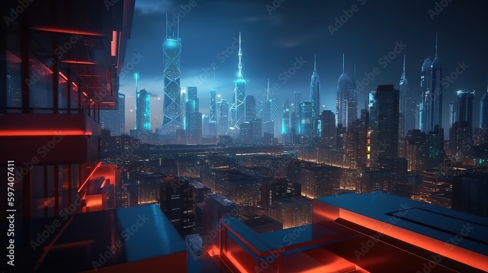 Poster Panoramic view of modern office buildings and tall skyscrapers.Futuristic illustration of future technologies. Generative AI