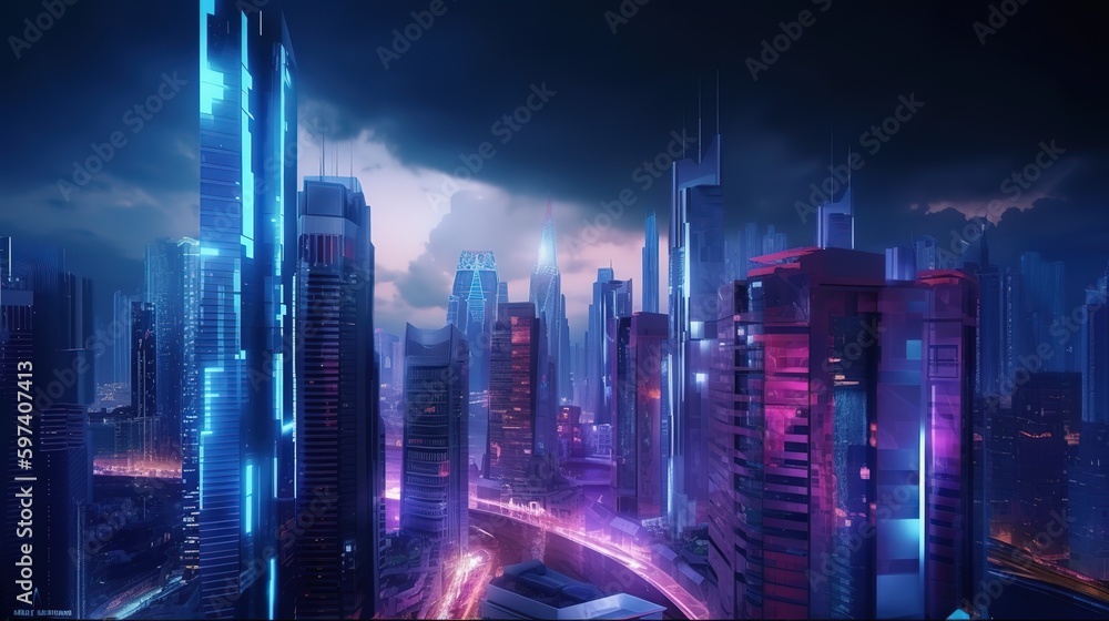 Poster Panoramic view of modern office buildings and tall skyscrapers.Futuristic illustration of future technologies. Generative AI