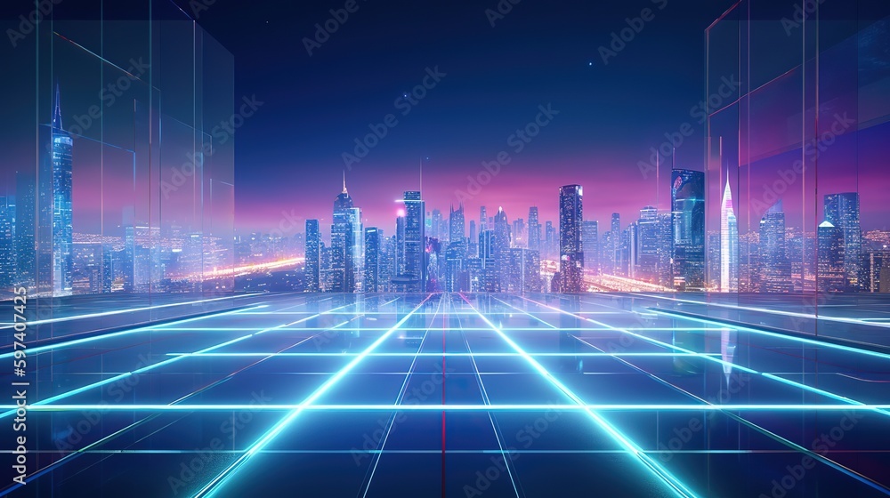 Poster Panoramic view of modern office buildings and tall skyscrapers.Futuristic illustration of future technologies. Generative AI
