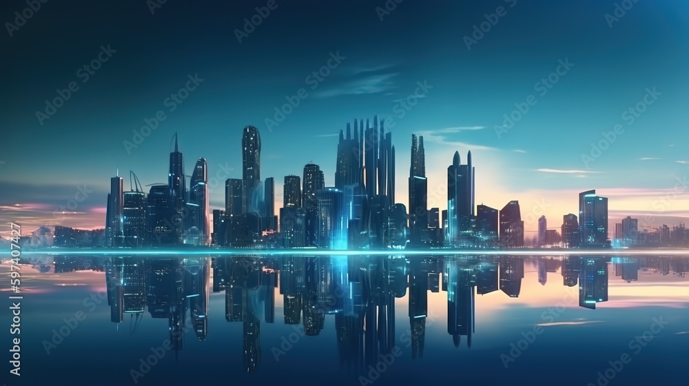 Poster Panoramic view of modern office buildings and tall skyscrapers.Futuristic illustration of future technologies. Generative AI