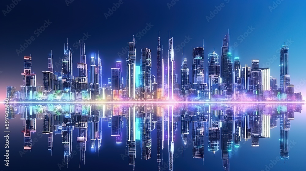 Poster Panoramic view of modern office buildings and tall skyscrapers.Futuristic illustration of future technologies. Generative AI