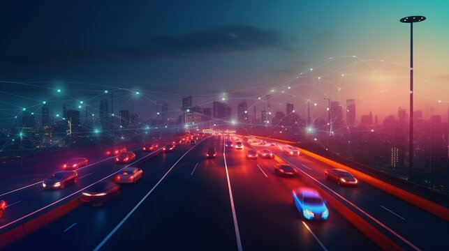Communication network and traffic light on highway .Futuristic illustration of future technologies. Generative AI