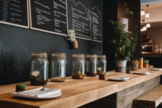 A wooden table topped with mason jars filled with plants. AI generative image.