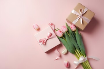 Fototapeta na wymiar Gift box and bouquet of tulips on a pink background, generative AI