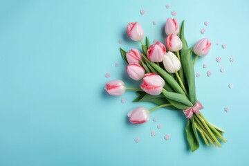 Bouquet of pink and white tulips on blue background. generative AI