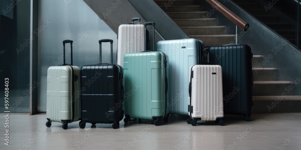 Poster a group of suitcases sitting next to each other. ai generative image.