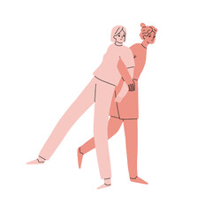 Happy young girls, best friends. Women love couple playing, having fun. Cute sweet girlfriends in romantic relationship. Lesbian partners. Flat vector illustration isolated on white background