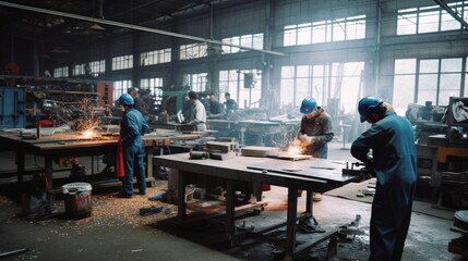 Fototapeta na wymiar Group of workers assembling parts at work in the factory Generative AI