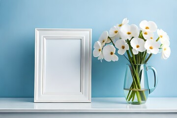 Blank photo frame mockup with white viola flowers bouquet in vase isolated on pastel blue background