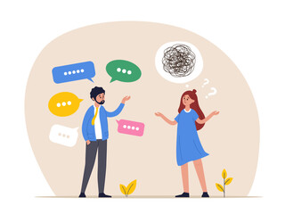 Verbal or oral communication skill, storytelling or explanation. Girl does not understand lot of information. Public speaking, talking or discussion, telling message or speech. Multiple speech bubbles - obrazy, fototapety, plakaty