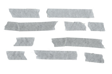 collection of various pieces of adhesive tape on a white background. each is filmed separately, isolated