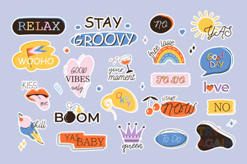 Colorful retro cartoon label shape set. Collection of bright motivational retro stickers. Luttering. Vector stock illustration. Collection of trendy vintage y2k sticker shapes. Cute children icon.