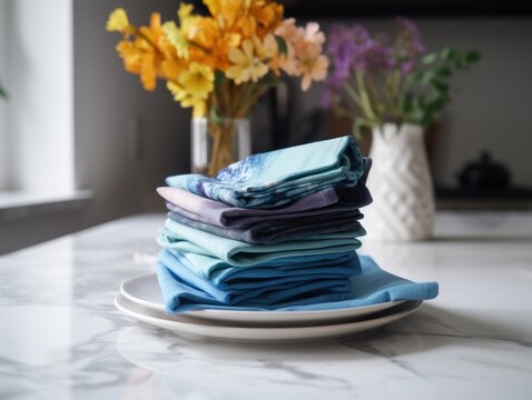 A stack of folded napkins sitting on top of a white plate. AI generative image.