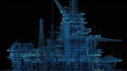Cutting-Edge Oil Rig Blueprint, HUD Interface, Digital Illustration on Black Background, Progressive Engineering Idea, Groundbreaking Structure, Generative AI Illustration
