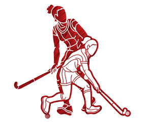 Obraz premium Group of Field Hockey Sport Team Mix Action Female Players Cartoon Graphic Vector