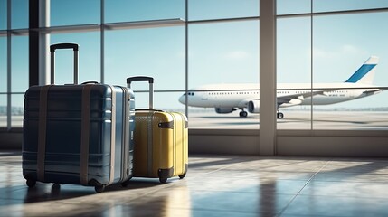 Suitcases in airport departure hall, airplane in background. Traveler suitcases in airport terminal waiting area, empty hall interior with large windows, focus on suitcases. Generative AI
