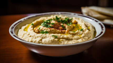 Hummus popular Middle Eastern dip made of chickpeas. Generative AI image