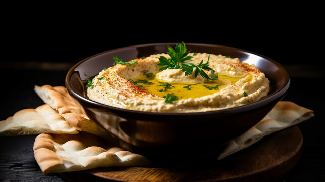 Hummus popular Middle Eastern dip made of chickpeas. Generative AI image