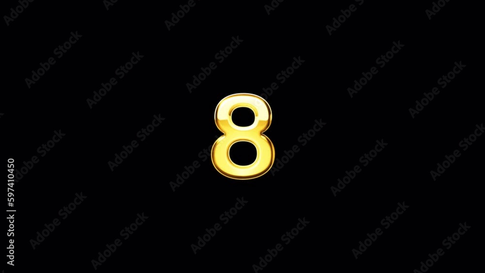 Poster loop text number eight golden shine light motion animation on black abstract background. promote adv